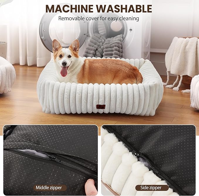 Orthopedic Dog Bed for Small Medium Dogs - Washable Rectangle Corduroy Fleece Pet Bed with Removable Cover and Nonskid Bottom, Calming Puppy Bed Soft Pet Sofa, Cream(30x24x8inchs)