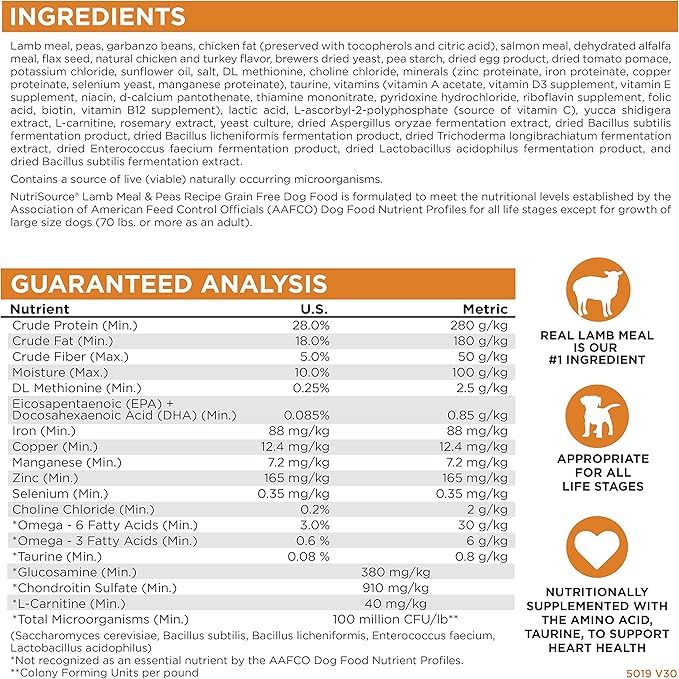 NutriSource Grain Free Dry Dog Food, Lamb Meal and Peas, 26LB