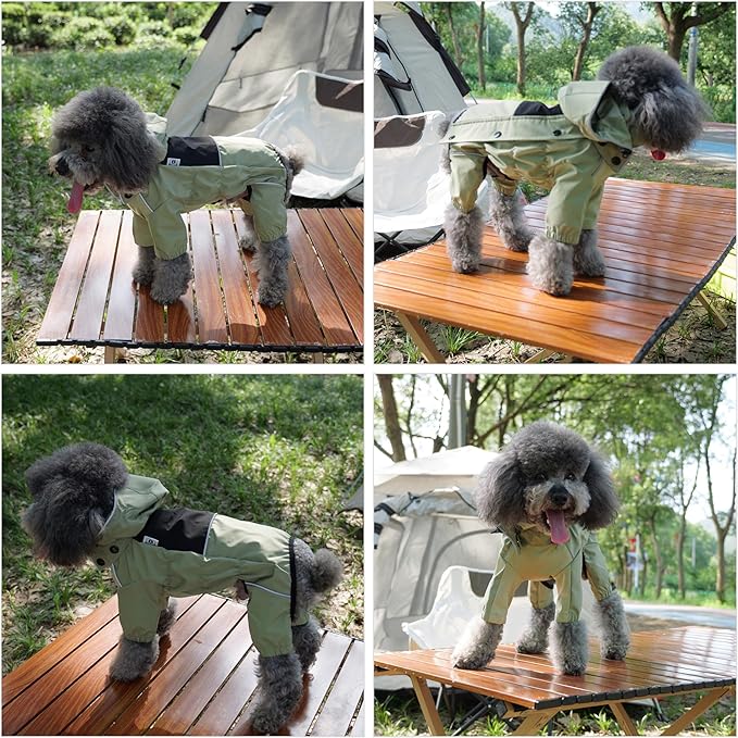 LOVELONGLONG Waterproof Dog Raincoat with Removable Hood – Outdoor Full Body Dog Jacket, Windproof Snowproof Shell Suit – All Season Pet Rain Gear Sage Green XXS