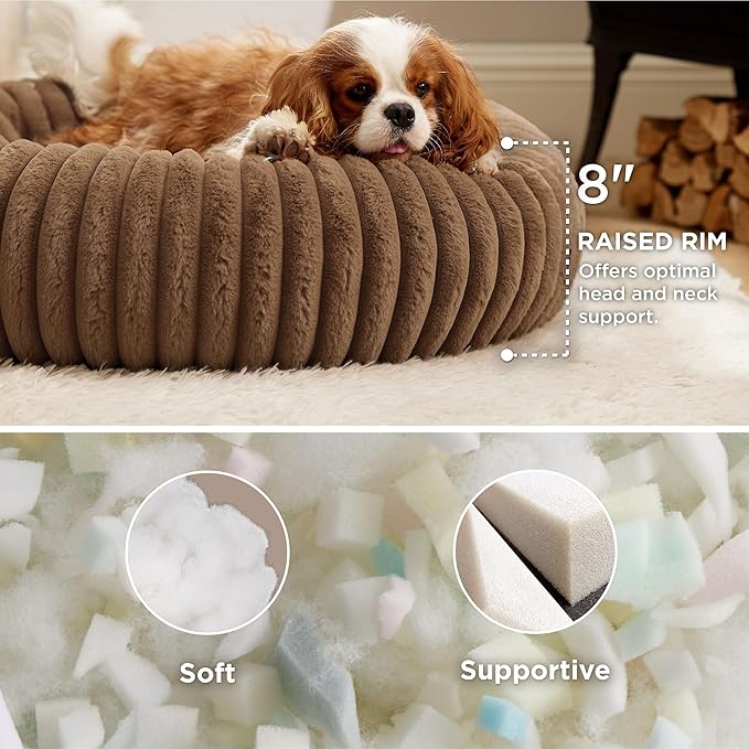Bedsure Donut Medium Dog Bed - Washable Faux Fur with Corduroy Fleece & Anti Slip Bottom, Round Pet Bed with Removable Cover, Camel Brown, 30x30x8 inches