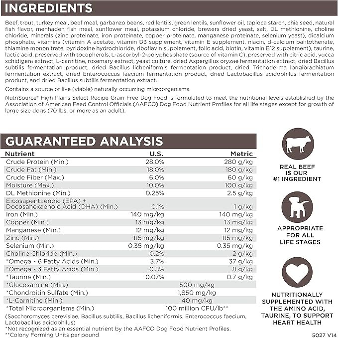 NutriSource High Plains Select Grain-Free Dry Dog Food, Beef, Trout and Turkey Meal, 26LB