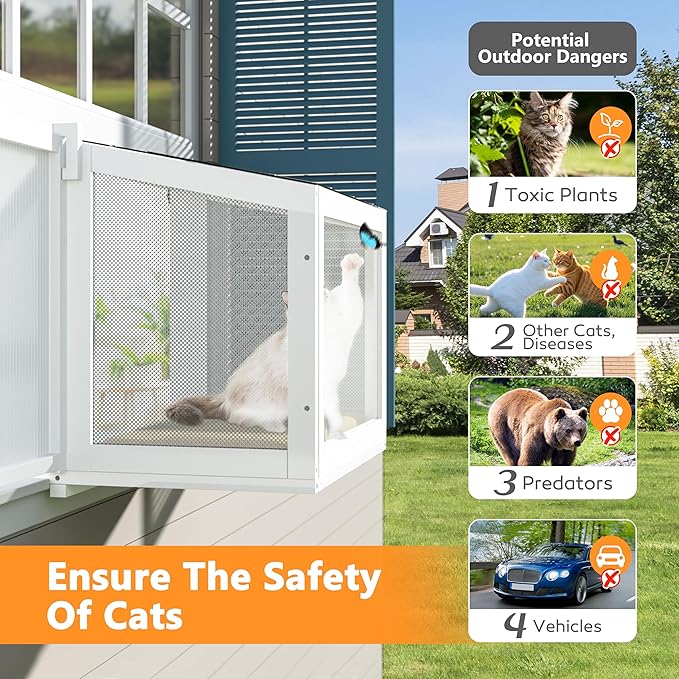 Cat Window Box, Adjustable Window Cat Perch Catio, Wooden Window Catio for Indoor Cats, 304 Iron Mesh, Fits Vertical Window Frames 26" to 42" Wide, Sunbathing, Overlooking, White