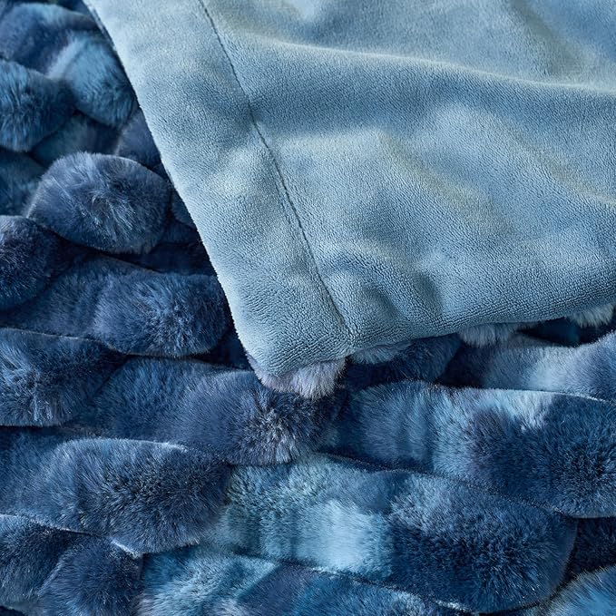 Cozy Bliss Faux Fur Throw Blanket for Couch, Cozy Warm Plush Striped Blanket for Sofa Bedroom Living Room, 90 * 90 Inches Tie-dye Blue
