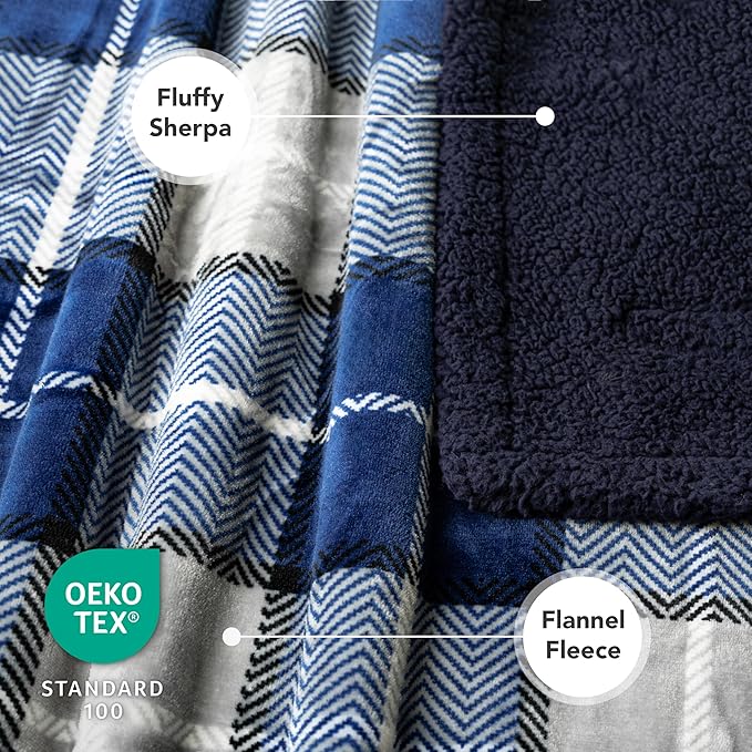 PetAmi Waterproof Dog Blanket for Medium Large XL Dog Puppy Cat Throw for Couch Cover Leakproof Protection, Sherpa Fleece, Reversible Soft Washable 80x60 Plaid Navy Blue