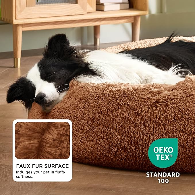 Bedsure Calming Dog Bed for Large Dogs - Donut Washable Large Pet Bed, 36 inches Anti-Slip Round Fluffy Plush Faux Fur Dog Bed, Fits up to 80 lbs Pets, Copper