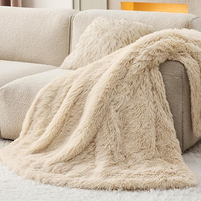 Bedsure GentleSoft Fuzzy Sherpa Faux Fur Blanket Beige Cozy Gifts for Women Men, Soft Fleece Plush Warm Minky Thick Blanket Twin Size for Couch, Room Decor Dorm Bed Essentials Beige Decor, 60x80