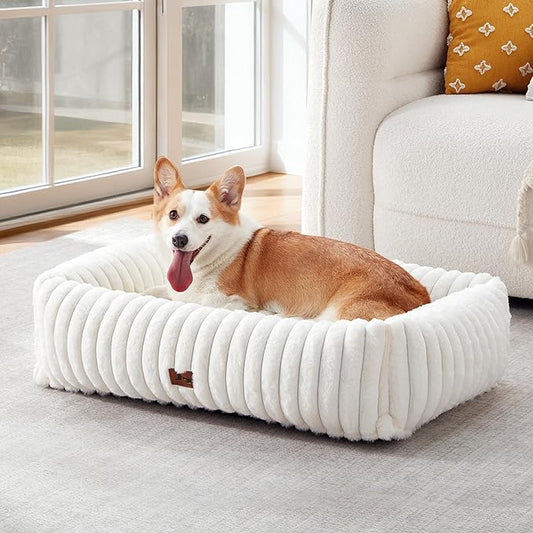 Orthopedic Dog Bed for Small Medium Dogs - Washable Rectangle Corduroy Fleece Pet Bed with Removable Cover and Nonskid Bottom, Calming Puppy Bed Soft Pet Sofa, Cream(35x25x9inchs)