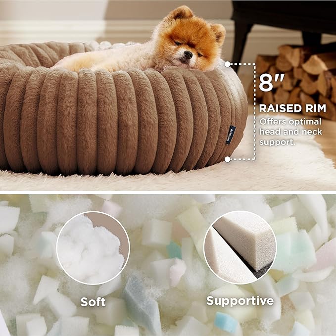 Bedsure Donut Small Dog Bed - Dog Beds for Small Dogs with Corduroy Fleece & Anti Slip Bottom, Round Faux Fur Pet Beds with Washable Removable Cover, Camel Brown, 23x23x7 inches