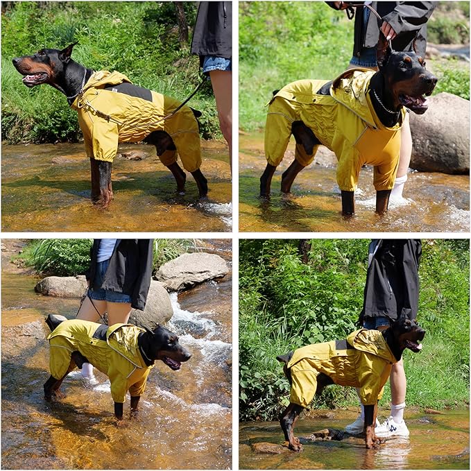 LOVELONGLONG Fleece-Lined Dog Raincoat with Removable Hood – Waterproof Winter Full Body Dog Jacket – Windproof Snowproof Cold-Weather Suit – Yellow-F L