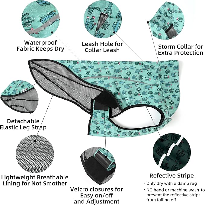 Mile High Life Dog Raincoat, Adjustable Waterproof Reflective Rain Jacket for Small Medium Large Dogs, Lightweight Breathable Pet Rain Coat with Leash Hole(Green Cactus,XS Chest 17-23")