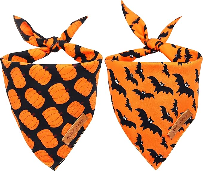 Realeaf Halloween Dog Bandana 2 Pack - Pumpkin Fall Scarf for Boys and Girls, Premium Durable Fabric, Orange Holiday Accessory for Small and Medium Dogs (Small)