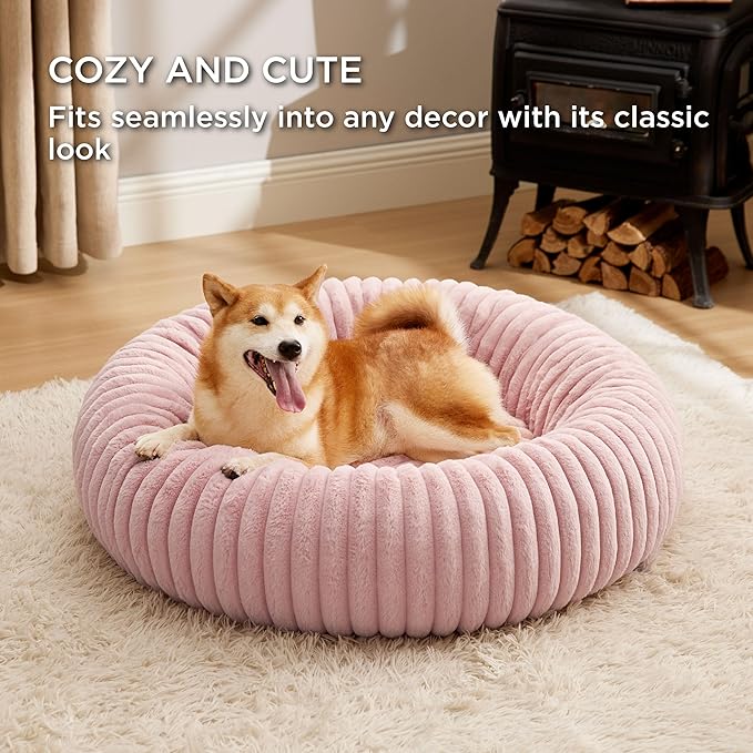 Bedsure Donut Large Dog Bed - Washable Faux Fur with Corduroy Fleece & Anti Slip Bottom, Round Pet Bed with Removable Cover, Blush Pink, 36x36x8 inches