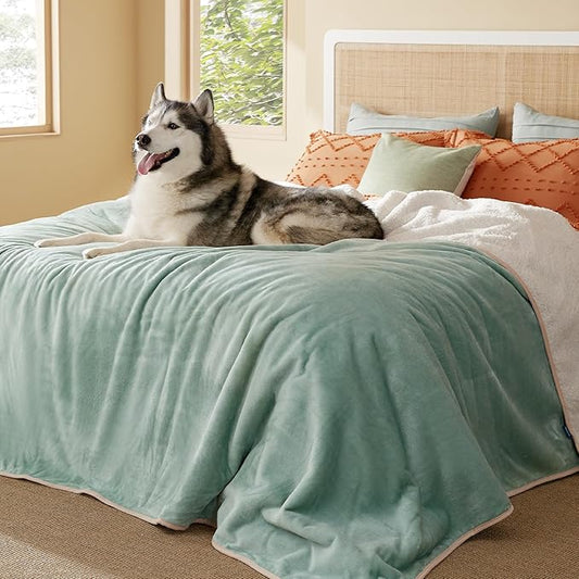 Bedsure Waterproof Blanket for Bed - Sherpa Fleece Waterproof Dog Blankets for Large Dogs, Pet Blankets for Bed/Couch/Dog Crate, Soft Plush Reversible Furniture Protector, King, 108"x86", Light Green