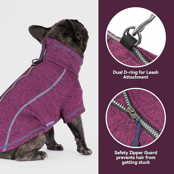 cyeollo Warm Dog Sweater with Zipper, Doggy Reflective Highneck Jackets with D Ring Step in Dog Winter Coats Fleece Female Stretchy Dogs Sweaters Pet Clothes for Medium to Large Dogs, Purple 2XL