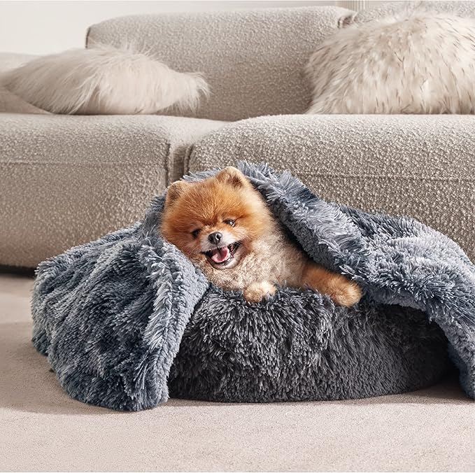 Bedsure Waterproof Dog Blankets for Small Dogs - Cat Blanket for Couch Protector Washable Long Faux Fur,Calming Soft Reversible Throw Furniture Protection for Puppy Pet, 25"x35", Tie-dye Grey