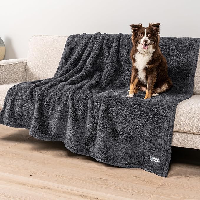 PetAmi Fluffy Waterproof Dog Blanket for Bed Large Dogs, Soft Warm Pet Sherpa Throw Pee Proof Couch Cover, Reversible Cat Blanket Sofa Crate Kennel Protector, Washable Mat Queen (Grey, 90x90)