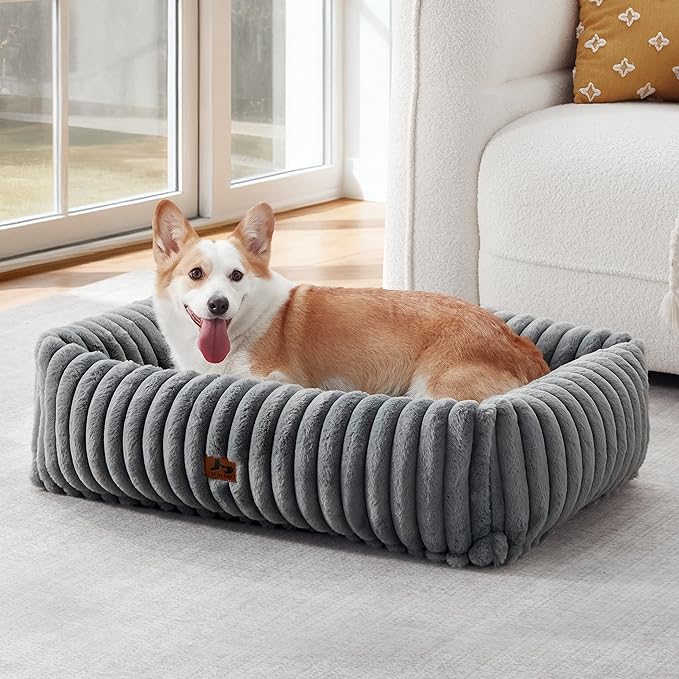 Orthopedic Dog Bed for Small Medium Dogs - Washable Rectangle Corduroy Fleece Pet Bed with Removable Cover and Nonskid Bottom, Calming Puppy Bed Soft Pet Sofa, Grey(35x25x9inchs)