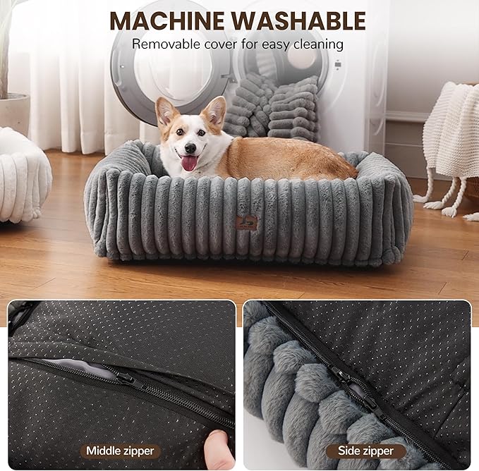 Orthopedic Dog Bed for Small Medium Dogs - Washable Rectangle Corduroy Fleece Pet Bed with Removable Cover and Nonskid Bottom, Calming Puppy Bed Soft Pet Sofa, Grey(30x24x8inchs)