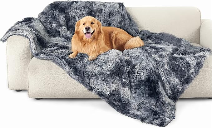 Bedsure Waterproof Dog Blankets for Large Dogs - Cat Blanket for Bed Couch Protector Washable Long Faux Fur, Calming Soft Reversible Throw Furniture Protection for Puppy Pet, 60"x80", Tie-dye Grey