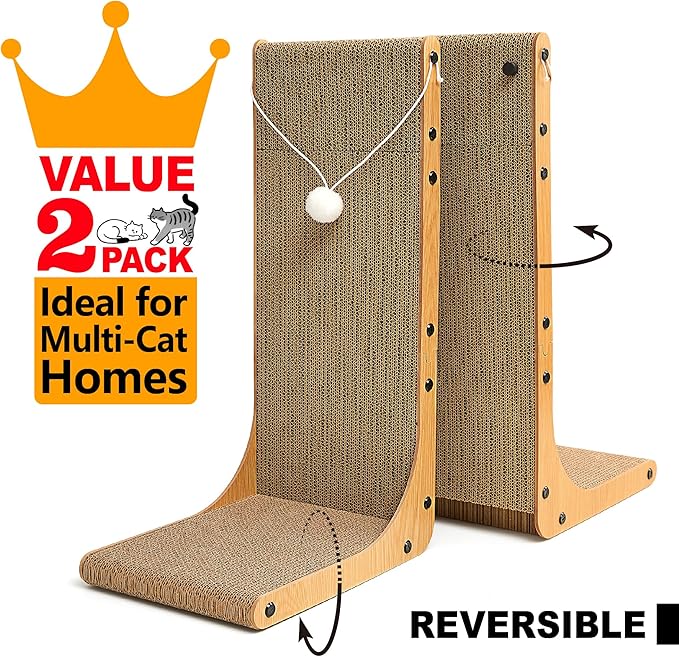 Value 2-Pack 23.6 Inch L-Shaped Cardboard Cat Scratcher, Dual Use (Vert/Horiz) Scratch Pad with Toy Balls, Wall-Mountable Furniture Protector Cat Scratchers for Indoor Cats, Couch & Wall