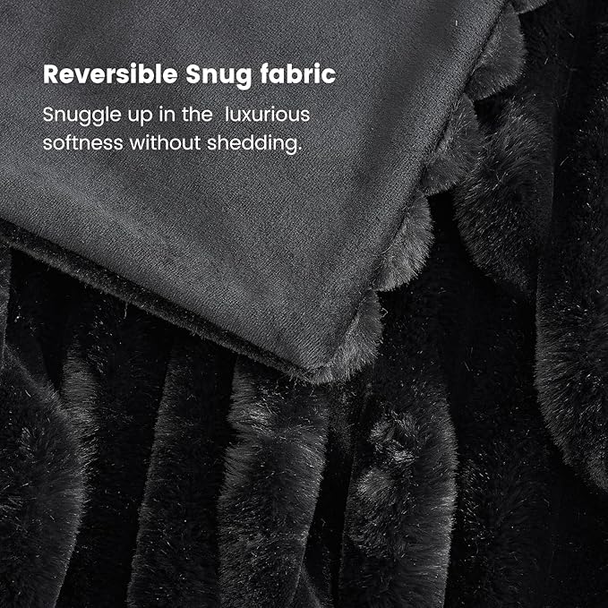 Cozy Bliss Faux Fur Throw Blanket for Couch, Cozy Warm Plush Striped Blanket for Sofa Bedroom Living Room, 90 * 90 Inches Black