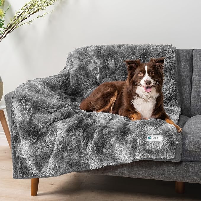 PetAmi Waterproof Dog Blanket for Large Dog, Calming Pet Blanket Bed Couch Cover Protector, Washable Sherpa Faux Fur Throw for Sofa Furniture Protection, Soft Fluffy 60x80 Tie-Dye Gray