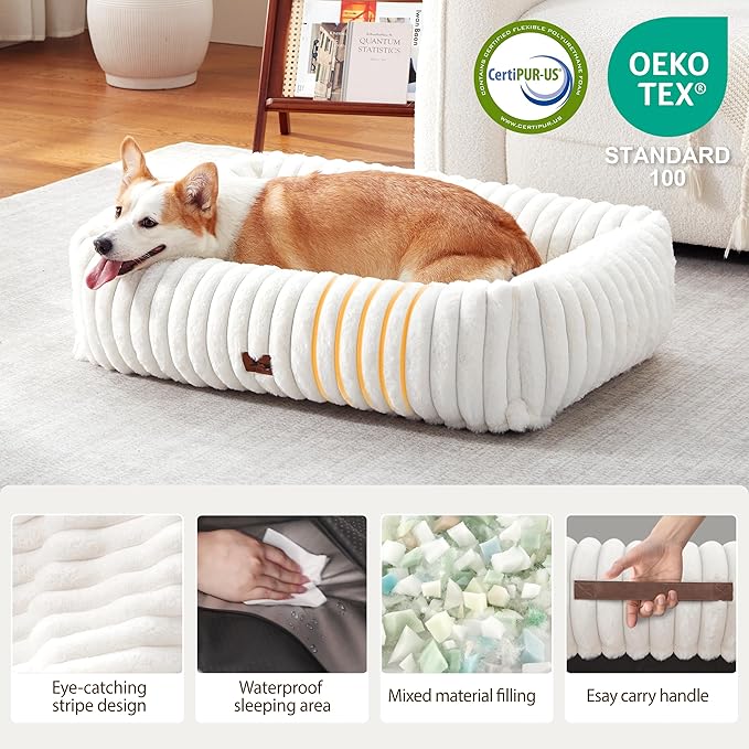 Orthopedic Dog Bed for Small Medium Dogs - Washable Rectangle Corduroy Fleece Pet Bed with Removable Cover and Nonskid Bottom, Calming Puppy Bed Soft Pet Sofa, Cream(35x25x9inchs)