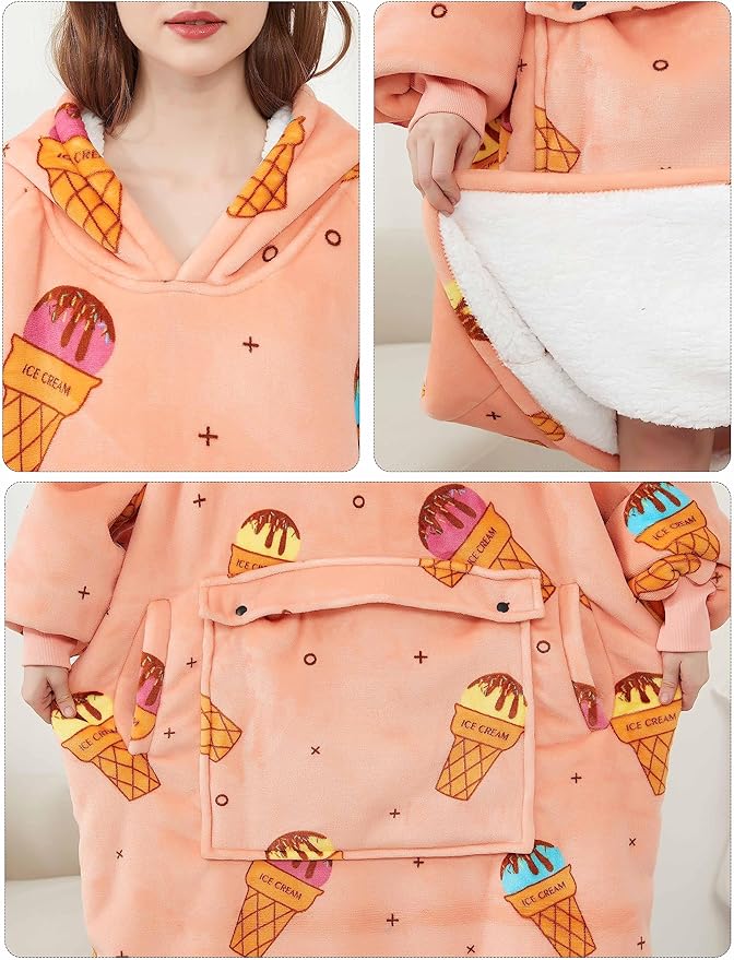 KFUBUO Wearable Blanket Hoodie for Adult Long Sherpa All Patterns ice Cream Oversized Hoodie Sweatshirt Blanket Cute Birthday Gifts for Women
