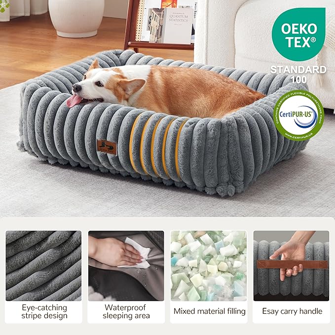 Orthopedic Dog Bed for Small Medium Dogs - Washable Rectangle Corduroy Fleece Pet Bed with Removable Cover and Nonskid Bottom, Calming Puppy Bed Soft Pet Sofa, Grey(35x25x9inchs)