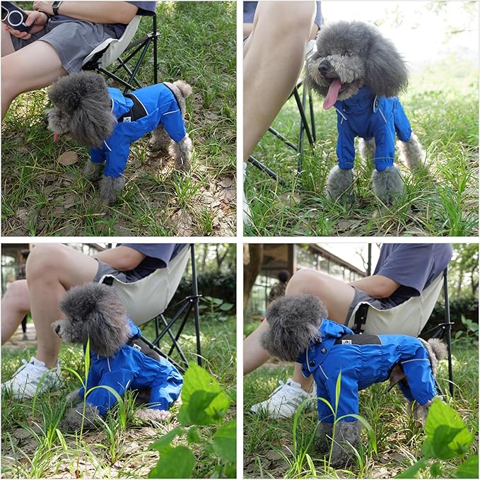 LOVELONGLONG Waterproof Dog Raincoat with Removable Hood – Outdoor Full Body Dog Jacket, Windproof Snowproof Shell Suit – All Season Pet Rain Gear Blue 4XL