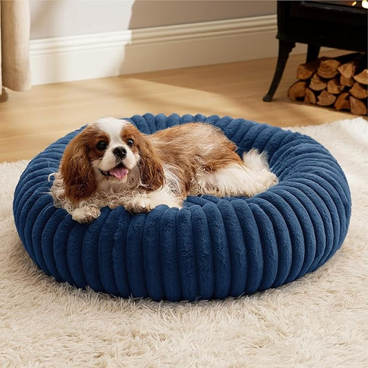 Bedsure Donut Medium Dog Bed - Washable Faux Fur with Corduroy Fleece & Anti Slip Bottom, Round Pet Beds with Removable Cover, Night Blue, 30x30x8 inches