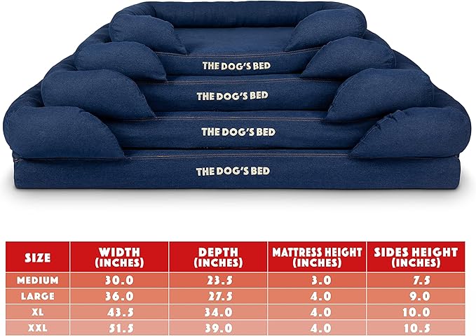 The Dog’s Bed, Large Blue Denim, Memory Foam, Pain Relief: Arthritis, Hip & Elbow Dysplasia, Post Surgery, Lameness, Supportive, Calming, Waterproof Washable Cover