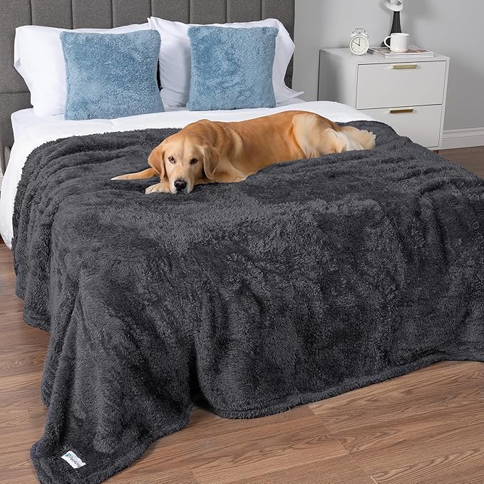 PetAmi Fluffy Waterproof Dog Blanket for Bed Large Dogs, Soft Warm Pet Sherpa Throw Pee Proof Couch Cover, Reversible Cat Blanket Sofa Crate Kennel Protector, Washable Mat Queen (Grey, 90x90)
