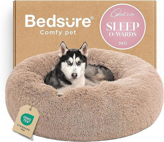 Bedsure Calming Dog Beds Large Sized Dog - Donut Washable Large Pet Bed, 36 inches Anti-Slip Round Fluffy Plush Faux Fur Dogs Bed, Fits up to 80 lbs Pets, Camel