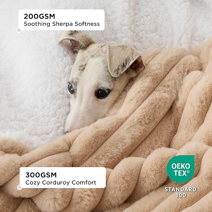Bedsure Waterproof Dog Blankets for Large Dogs - Soft Pet Cat Blanket Corduroy Fleece for Bed Protector Washable, Cozy Calming Reversible Furniture Protection for Puppy,60"x80", Tuscan Beige