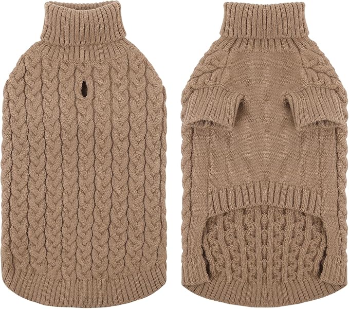 SAWMONG Dog Sweater, Dog Sweaters for Small Dogs Girls Boys, Pullover Turtleneck Knitted Doggy Sweatshirt, Cold Weather Pet Clothes（Khaki, Small