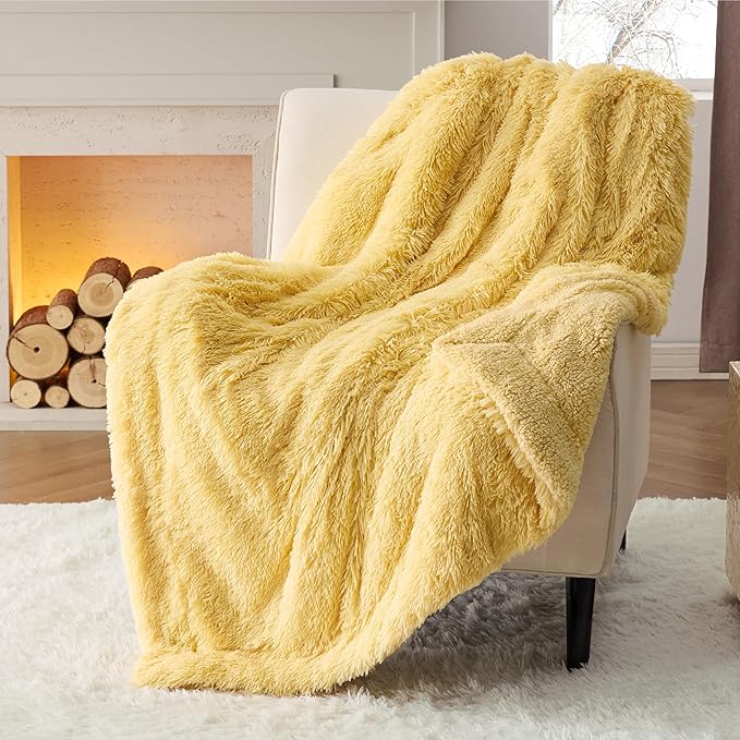 Bedsure GentleSoft Fuzzy Sherpa Faux Fur Twin Blanket Yellow Cozy Gifts for Women Men, Soft Fleece Plush Warm Thick Blanket Twin Size for Bed, Couch, Room Dorm Essentials Yellow Decor Gifts, 60x80