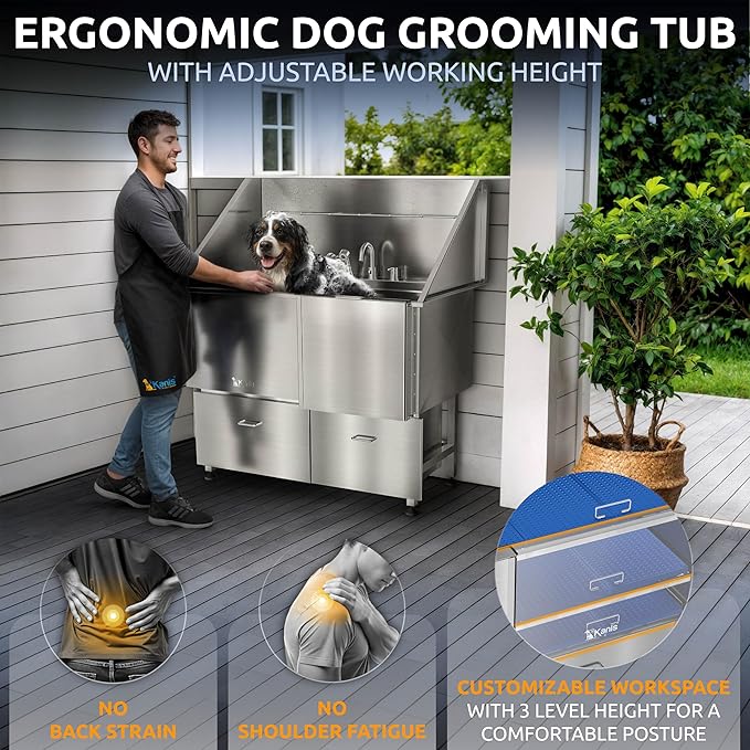 KANIS Professional Dog Washing Station - 304 Stainless Steel Pet Wash Sink & Grooming Bathtub w/Shower, Floor Grates and Storage for Large, Medium & Small Pets (50", 2 Drawers - Right Ramp)