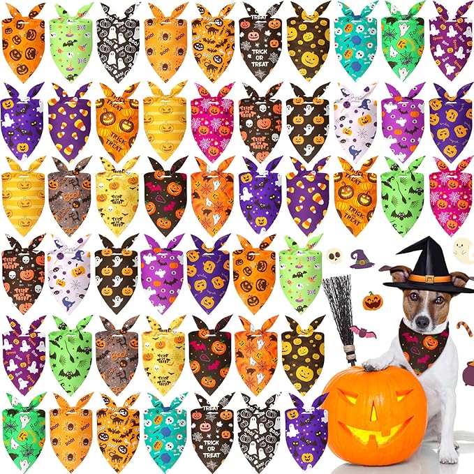 Preboun 50 Pcs Halloween Dog Bandanas Bulk Pumpkin Ghost Bandanas for Dogs Colorful Triangle Kerchief Bibs Scarf Set for Pet Costume Photo Props Accessories Pet Shops, 25 Styles (19.7 x 13.8 x 13.8)
