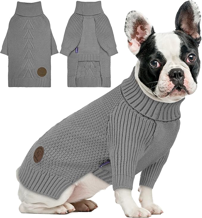cyeollo Dog Sweater Warm Turtleneck Knitted Sweaters with Sleeve Winter Dog Clothes Sweaters for Dogs, Grey L