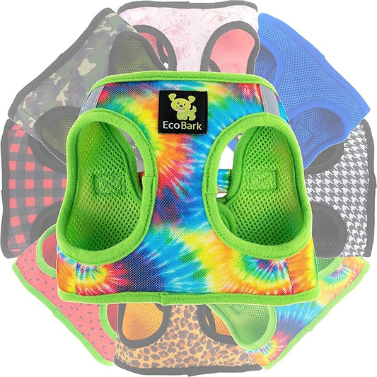 EcoBark Teacup Dog Harness - Luxury Step in Mesh Dog Harnesses in Tie Dye Print - Soft & Secure Wrap Around Body Halter Vest