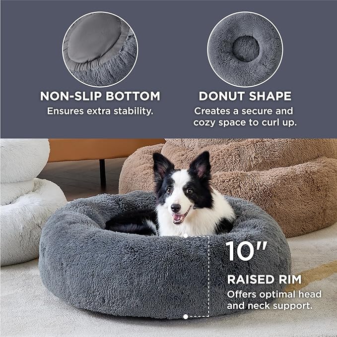 Bedsure Calming Dog Bed for Large Dogs - Donut Washable Large Pet Bed, 36 inches Anti-Slip Round Fluffy Plush Faux Fur Dog Bed, Fits up to 80 lbs Pets, Dark Grey