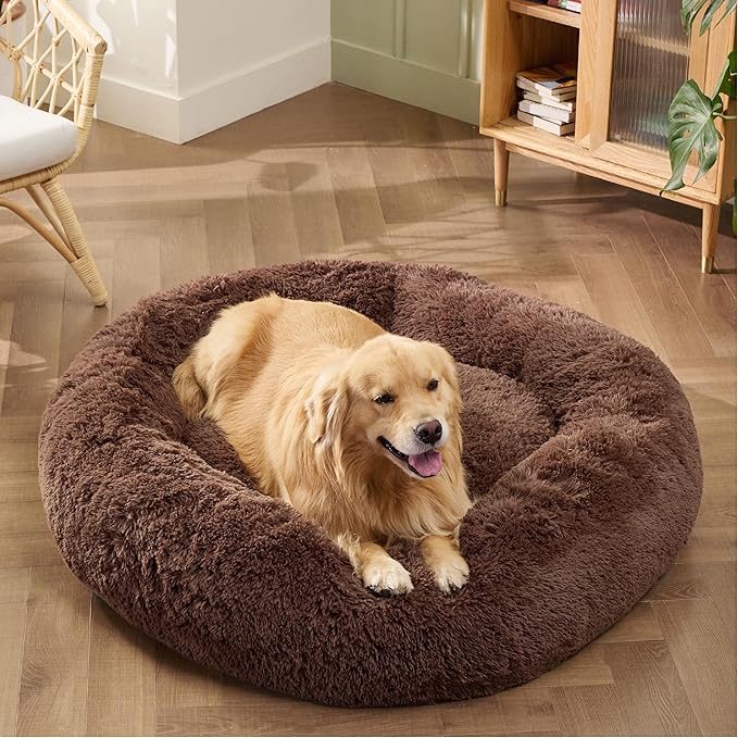 Bedsure Calming Dog Bed for Extra Large Dogs - Donut Washable Large Pet Bed, Anti-Slip Round Fluffy Plush Faux Fur Dog Bed, Fits up to 120 lbs Pets, Coffee, 45 inches