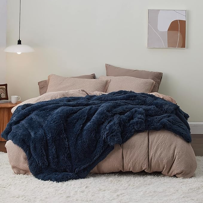 Bedsure GentleSoft Fluffy Navy Blue Blankets Queen Size for Bed, Thick Sherpa Fleece Faux Fur Fuzzy Plush Winter Warm Soft Full Queen Blankets, Bedroom Decor Blue Gifts for Women Men, 90x90