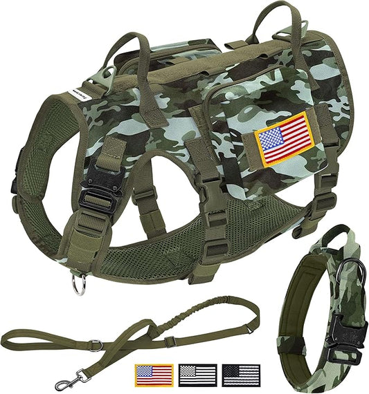 Forestpaw Tactical Dog Harness Tactical Dog Collar with Bungee Leash Set,No Pull Military Dog Harness for Walking Training,Adjustable for Medium Large Dogs,Camouflage Green,Chest 19.5-41.5"