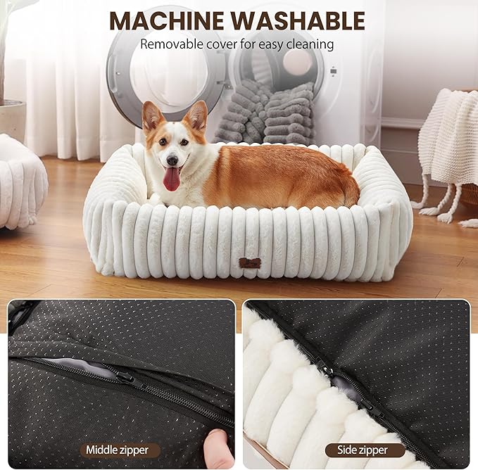 Orthopedic Dog Bed for Small Medium Dogs - Washable Rectangle Corduroy Fleece Pet Bed with Removable Cover and Nonskid Bottom, Calming Puppy Bed Soft Pet Sofa, Cream(35x25x9inchs)