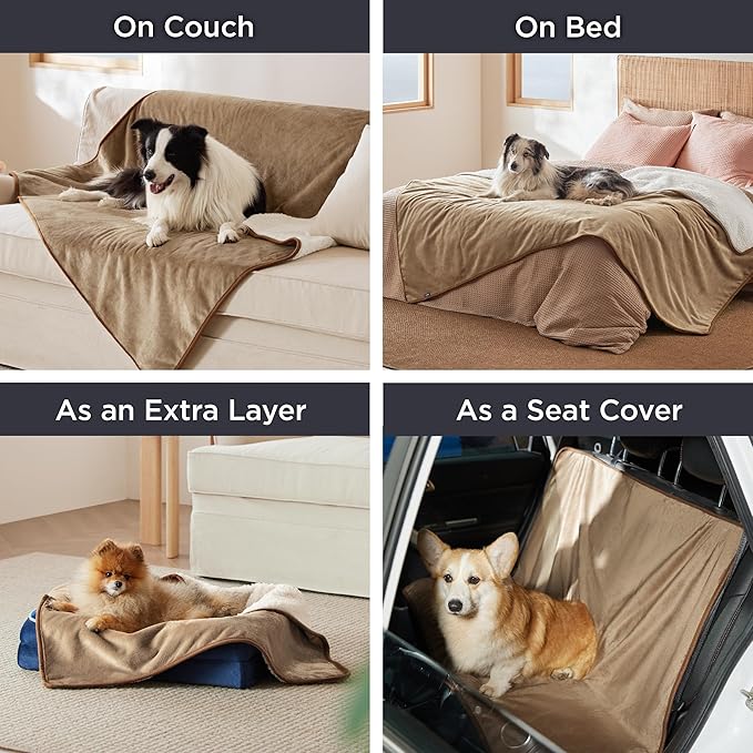 Bedsure Waterproof Blanket for Bed - Sherpa Fleece Waterproof Dog Blankets for Large Dogs, Pet Blankets for Bed/Couch/Dog Crate, Soft Plush Reversible Furniture Protector, Queen Size, 90"x86", Camel