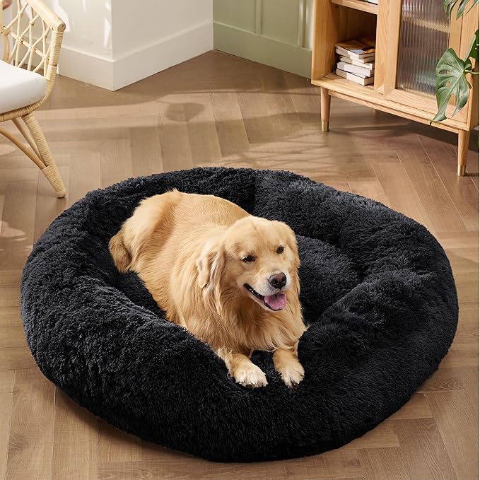 Bedsure Calming Dog Bed for Extra Large Dogs - Donut Washable Large Pet Bed, 45 inches Anti-Slip Round Fluffy Plush Faux Fur Dog Bed, Fits up to 120 lbs Pets, Black