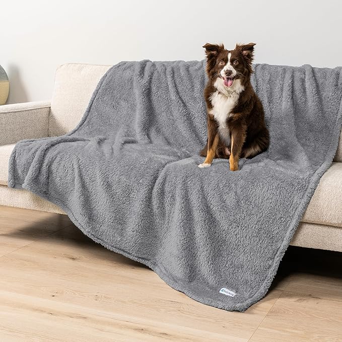 PetAmi Fluffy Waterproof Dog Blanket for Bed Large Dogs, Soft Warm Pet Sherpa Throw Pee Proof Couch Cover, Reversible Cat Blanket Sofa Crate Kennel Protector, Washable Mat Queen (Light Grey, 90x90)