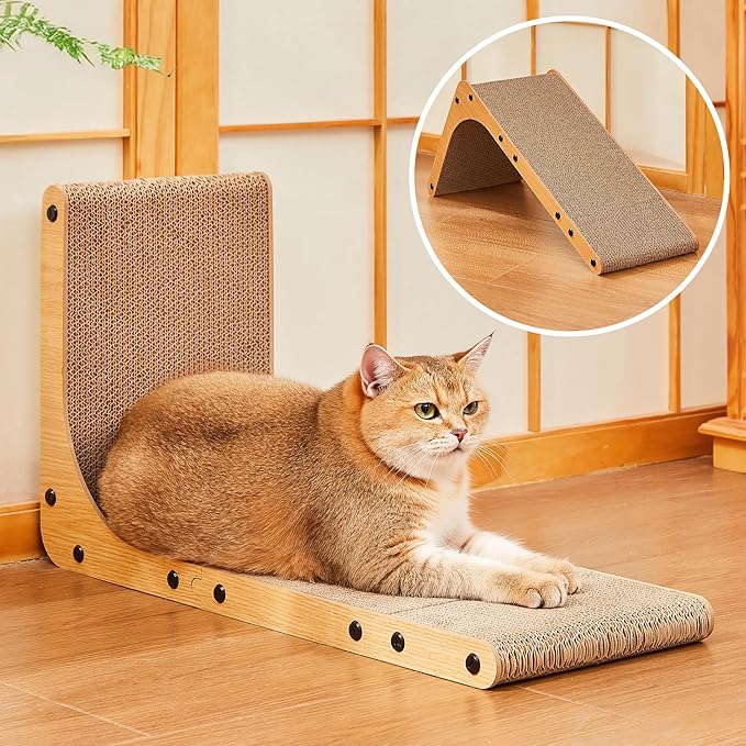 Value 2-Pack 23.6 Inch L-Shaped Cardboard Cat Scratcher, Dual Use (Vert/Horiz) Scratch Pad with Toy Balls, Wall-Mountable Furniture Protector Cat Scratchers for Indoor Cats, Couch & Wall